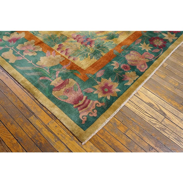 Early 20th Century 1920s Gold Floral Antique Chinese Art Deco Area Rug 8' 6"x 11' 4" Handknotted Wool Carpet For Sale - Image 5 of 5
