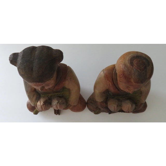 Vintage Hand Carved Wooden Statues Boy Girl Asian Influenced Figures - Set of 2 For Sale - Image 9 of 10