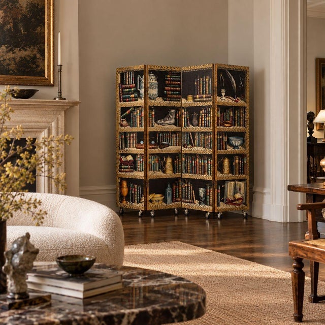 Piero Fornasetti, Italian Mid-Century Modern, Rare Trompe L’Oeil “Libri” Four-Panel Folding Screen or Room Divider, Italy,...