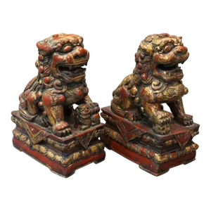 A Pair of 19th Century Antique Gilt and Red Painted Foo Lion Sculpture