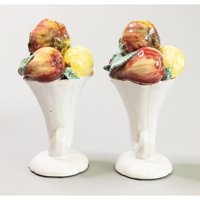 Farmhouse Vintage Italian Majolica Fruit Cornucopia Arrangements Centerpieces - A Pair For Sale - Image 3 of 10