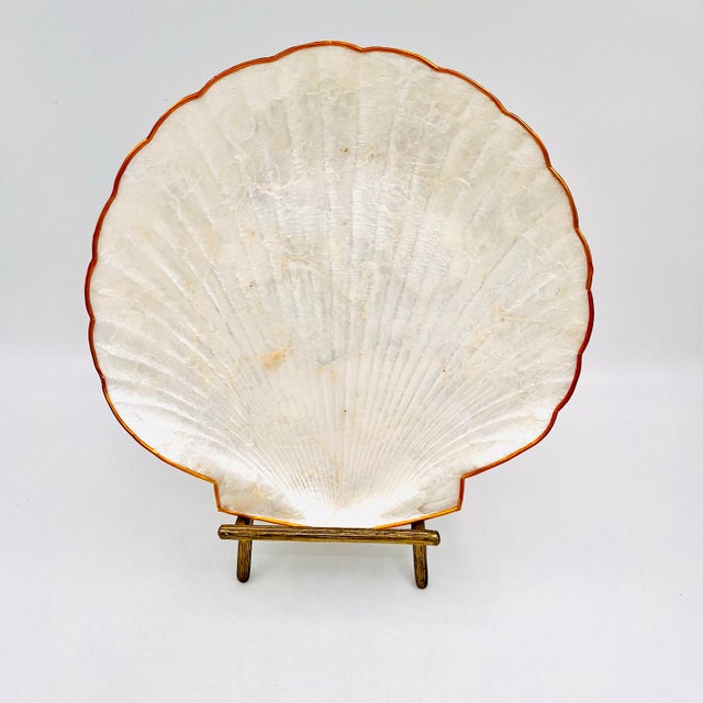 Contemporary Mid 20th Century Capiz Shell Scallop Shell Tray With Brass Trim Large 11" For Sale - Image 3 of 7
