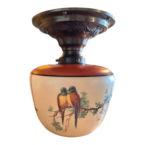 Fabulous Painted Cased Glass Love Bird Shade on Old Brass Embossed Holder, Circa 1920