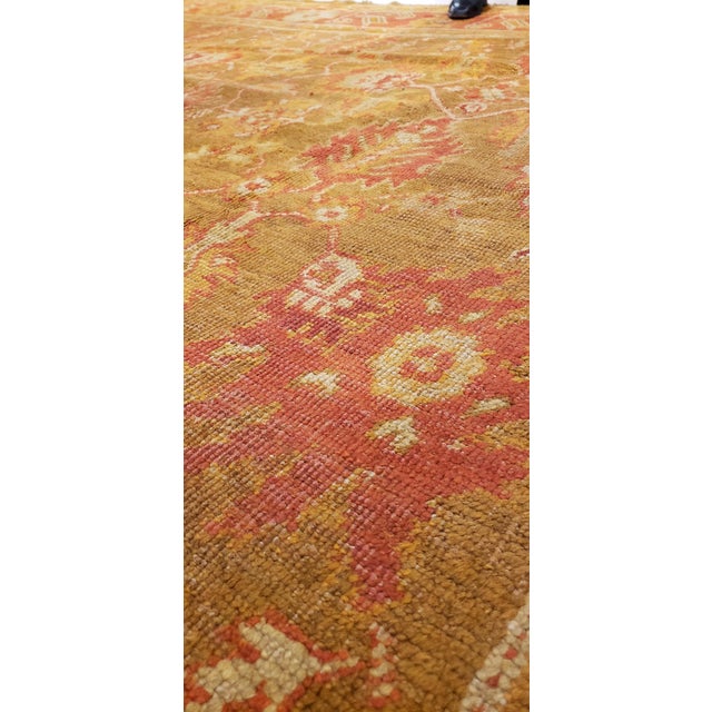 Antique Oushak Carpet, Oriental Rug, Handmade Green, Saffron, Ivory and Coral For Sale - Image 11 of 18