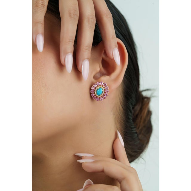 Not Yet Made - Made To Order 6.32ct Cabochon Turquoise Pink Sapphire & Diamond Floral Stud Earrings 14k Gold- A Pair For Sale - Image 5 of 13