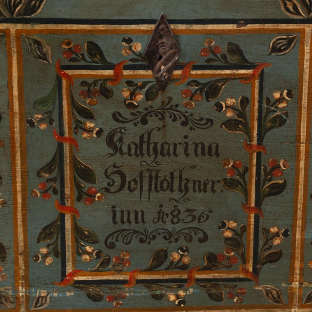 1836 Hungarian Original Hand-Painted Teal Flat Top Pine Trunk For Sale - Image 17 of 18