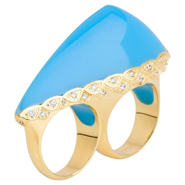 Miriam Salat Double Art Deco Blue Resin Ocean Ring 18K Sterling Silver & Topaz For Sale - Image 9 of 18
