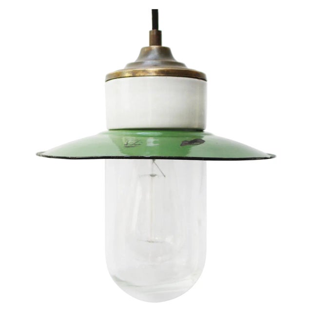 Metal Vintage Industrial Green Enamel Brass, Porcelain, and Clear Glass Pendant Lamp For Sale - Image 7 of 7
