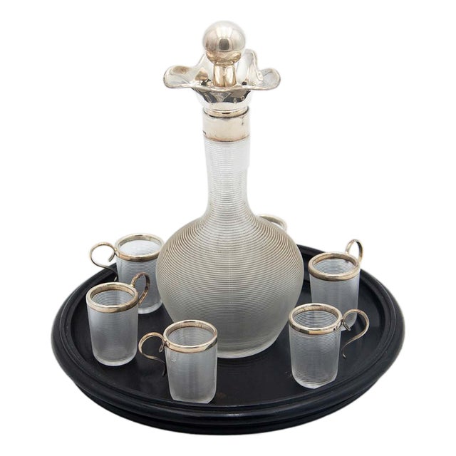 Glass Liqueur Bottle with Glasses, Set of 7 For Sale