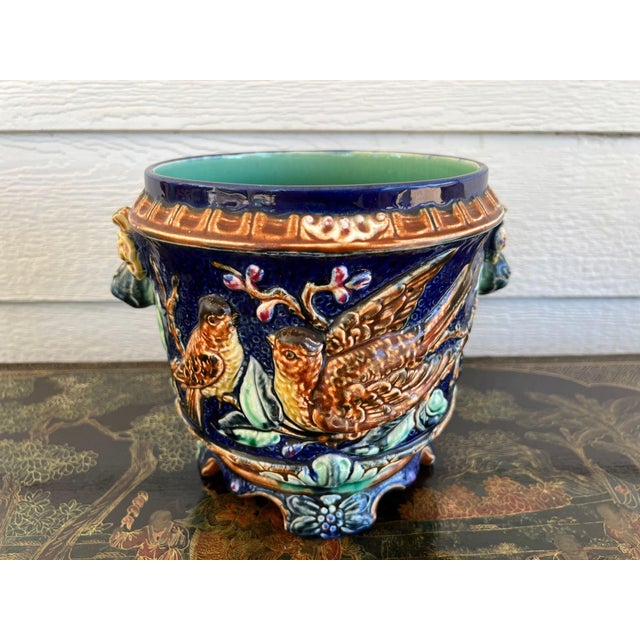 Victorian Antique Majolica Bird Planter Cache Pot Jardinière Cobalt Blue Wasmuël C1890 For Sale - Image 3 of 18