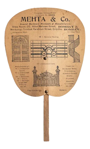 1930s Indian Handfan, Mehta & Co. Hardware Merchants, Bombay (English + Hindi)
