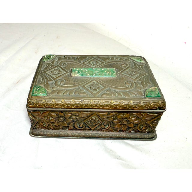 Asian Antique 19th Century Hand Tooled Copper Carved Jade Stone Wood Cigarette Box For Sale - Image 3 of 13