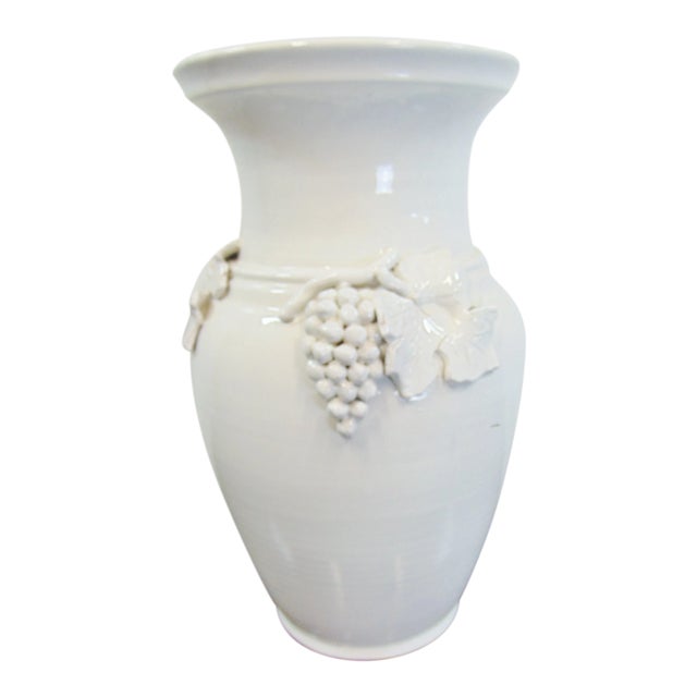 Italian White Glaze Terracotta Grape Leaf Vase For Sale