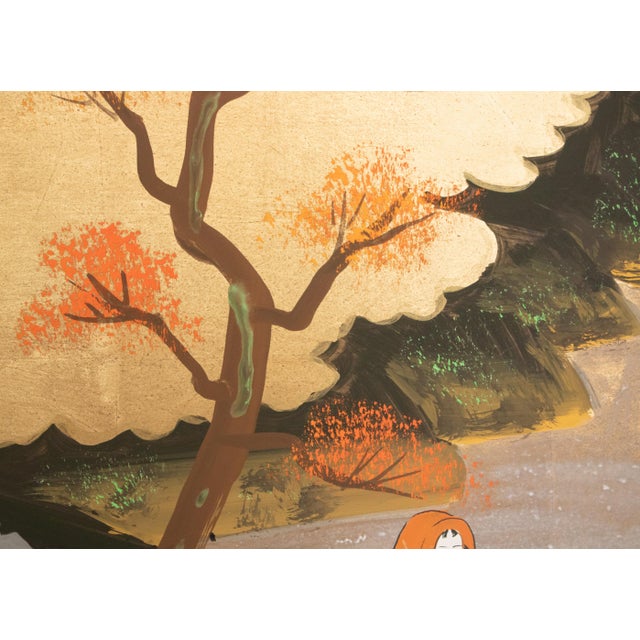 Wood 1960s Shōwa Era Japanese Byobu Screen "Autumn Festival Scene by the Bridge" For Sale - Image 7 of 17