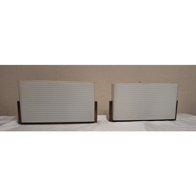 Vintage Minimalist Wall Lamps with Brass Brackets and Opaque White Fluted Glass Shades, 1960s, Set of 2, in Very Good...