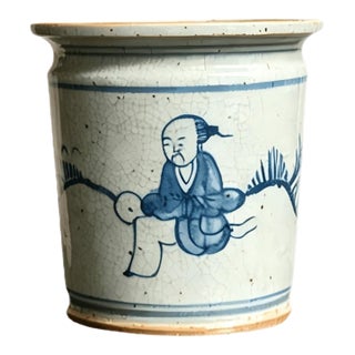 Chinese Ceramic Pot,Blue and White Porcelain Brush Pot Hand Painted Figures Pattern For Sale