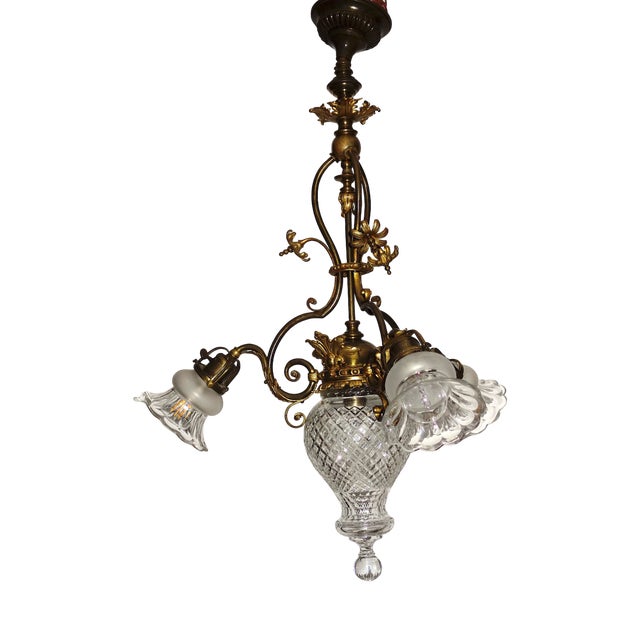 Antique French Art Nouveau Brass and Glass 4-Light Chandelier, 1940s For Sale