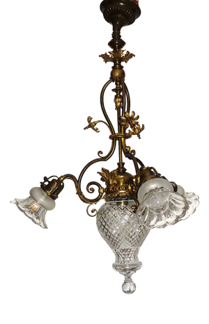 Antique French Art Nouveau Brass and Glass 4-Light Chandelier, 1940s