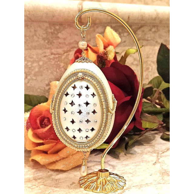 Pierre Lorren Natural Egg Hand Carved Faberge Egg Style Austrian Crystal Pure Gold Deco Handmade 1997 Vintage Egg For Sale - Image 12 of 16