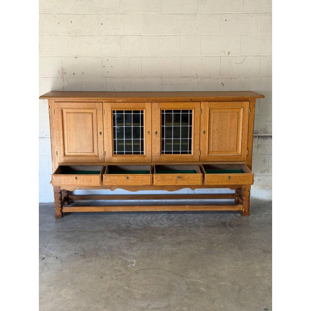 Henning Kjærnulf Oak Sideboard Credenza With Leaded Glass Doors Danish Mid-Century Modern 1970s For Sale - Image 10 of 13