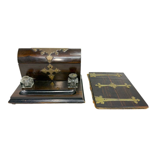 Antique 19th Century Brass Wood English Inkwell Letter Pen Stand Writing Book For Sale