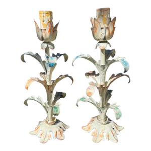 1950s Pair of Diminutive Floral Italian Style Tole Lamps