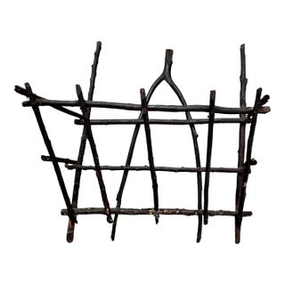 Early 20th Century Adirondack Folk Art Wishbone Twig Wall Mount Holder Basket Handmade Artisan For Sale