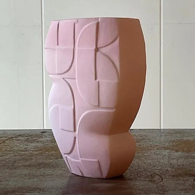 Light Pink Vintage Signed Modernist Geometric Ceramic Vase For Sale - Image 8 of 14