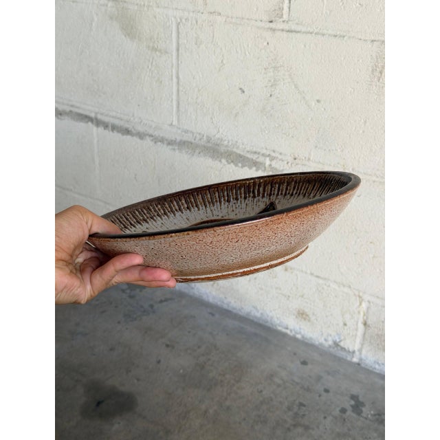 Ceramic Stoneware Deep Fruit Bowl Brown Green Geometric Ceramic Decorative Basin 1960s For Sale - Image 7 of 10