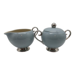 Vintage Flintridge China California Blue W Platinum Borders Lidded Sugar Bowl & Creamer For Sale