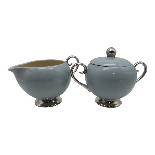Vintage Flintridge China California Blue W Platinum Borders Lidded Sugar Bowl & Creamer For Sale