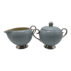 Vintage Flintridge China California Blue W Platinum Borders Lidded Sugar Bowl & Creamer
