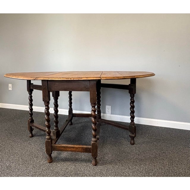 Antique English Oak Drop Leaf Gate Leg Table With Barley Twist For Sale - Image 10 of 12