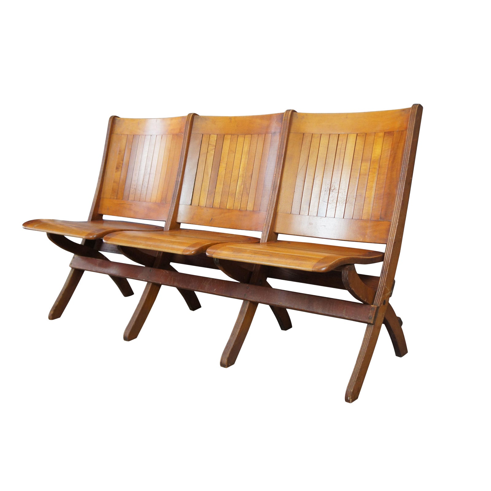 Mid Century Double Folding Wood Bench Chair 3 Seat Triple Tandem Stadium Theater Chairish