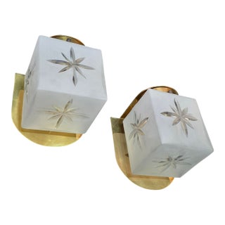 Vintage Art Deco Light Old Lamp Wall Sconces Fixture Brass & Star Frosted Cube Glass Shade Lamp Ship Light - a Pair For Sale