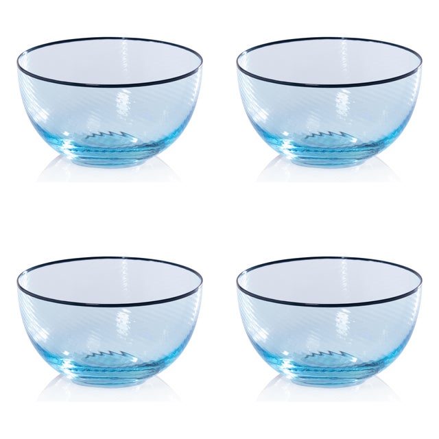 Contemporary Sicilian 4-Piece Set Swirl Glass Serving Bowls, Aqua with Navy Lip Wrap For Sale - Image 3 of 3