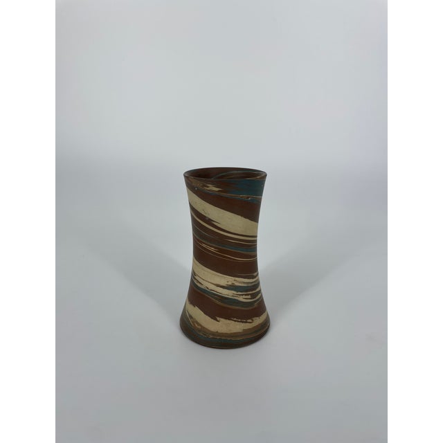 Charming Niloak Mission Swirl 1910-24 Vintage Hand Made Art Pottery 5 1/4" Hour Glass Vase Beautiful brown, beige, blue,...