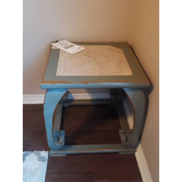 Contemporary Distressed Wood With Marble Top End Table For Sale - Image 4 of 9