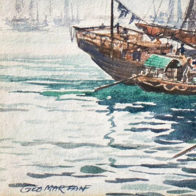 Signed lower left, 'Geo Marzan' and painted circa 1965. A panoramic sunset view of Causeway Bay, Hong Kong, with a fishing...