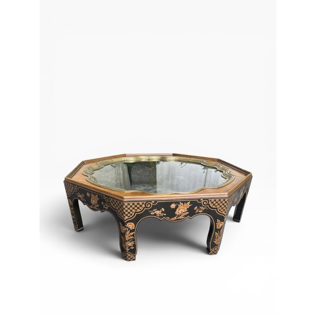Baker Furniture Company 1980s Vintage Baker Furniture Chinoiserie Octagonal Glass-Top Coffee Table With Floral Hand-Painting For Sale - Image 4 of 13