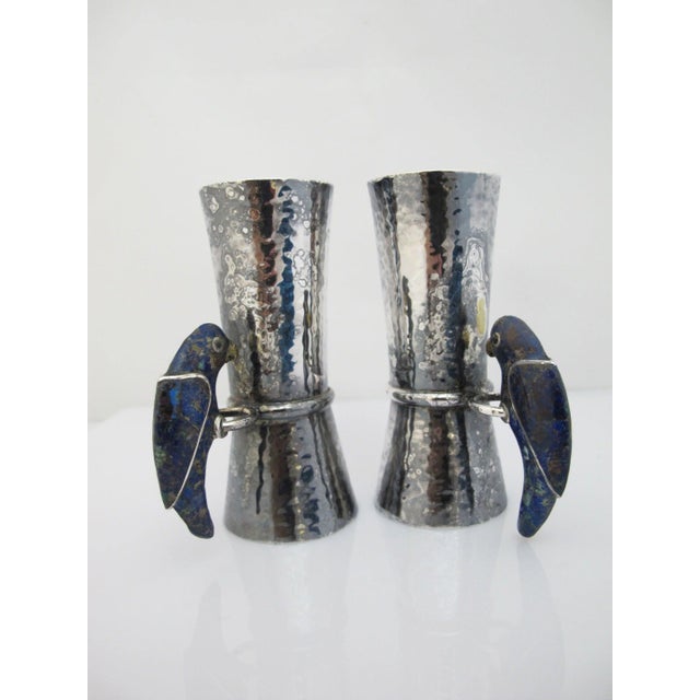 Mid-Century Modern Los Castillo Taxco Mexico Silver Lapis Lazuli Parrot Double Jigger Shot Pair For Sale - Image 3 of 13