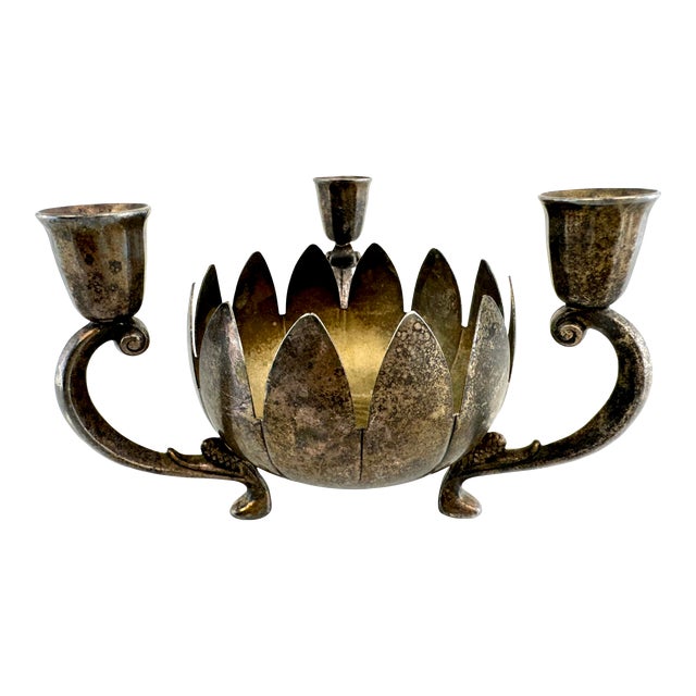 Antique Silver-Plated Lotus Petal Candelabra With Dual Arm Design For Sale