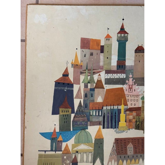 Mid 20th Century 22" X 22.5" MCM Mounted Print: Nuremberg Germany Cityscape by Heinz Schillinger For Sale - Image 5 of 6
