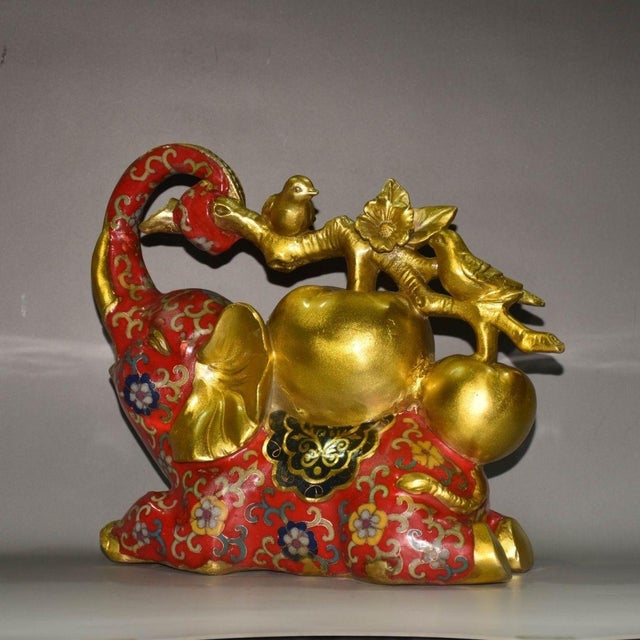 Vintage Cloisonné Elephant Statue With Golden Apples, Birds, and Floral Motifs For Sale - Image 9 of 9