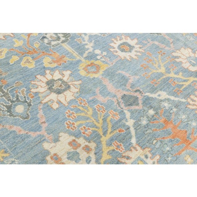 Blue Modern Sultanabad Hand-Knotted Wool Rug – 9x12 Light Blue & Ivory Floral For Sale - Image 8 of 11