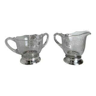 1940s Creamer and Sugar Bowl Set by Duncan Miller - Pattern Adoration Etched Crystal W/Solid Sterling Silver Bases For Sale