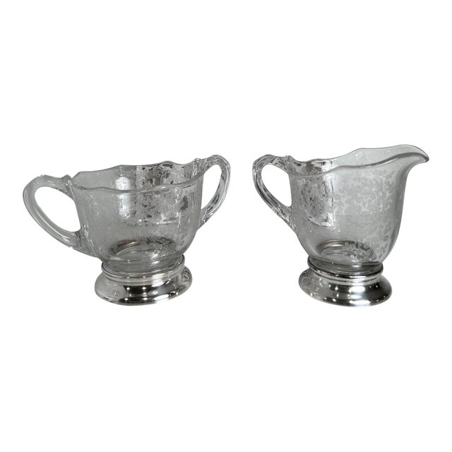 1940s Creamer and Sugar Bowl Set by Duncan Miller - Pattern Adoration Etched Crystal W/Solid Sterling Silver Bases For Sale