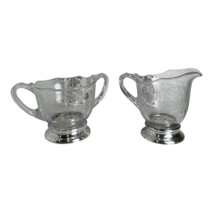 1940s Creamer and Sugar Bowl Set by Duncan Miller - Pattern Adoration Etched Crystal W/Solid Sterling Silver Bases