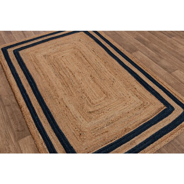 Boho Chic 5'x7' Navy Blue Jute Braided Rectangle Boho Chic Rug For Sale - Image 3 of 9
