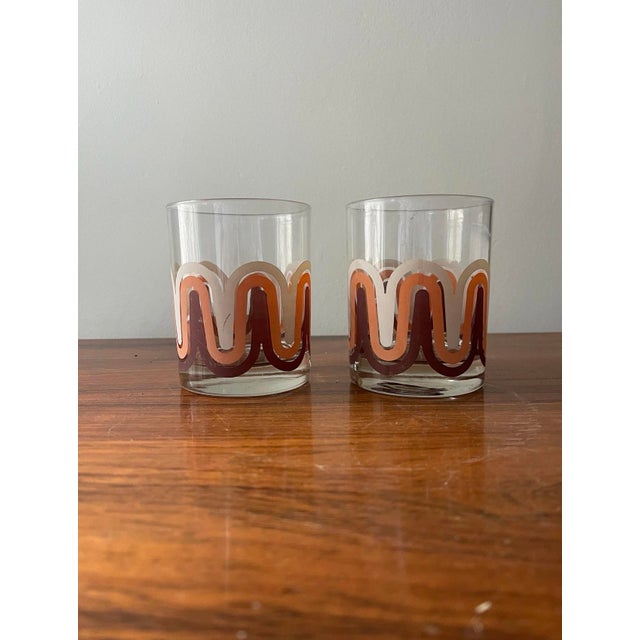 1970s Orange and Brown Groovy Wave Whiskey Lowball Glasses Barware - a Pair For Sale In Chicago - Image 6 of 8